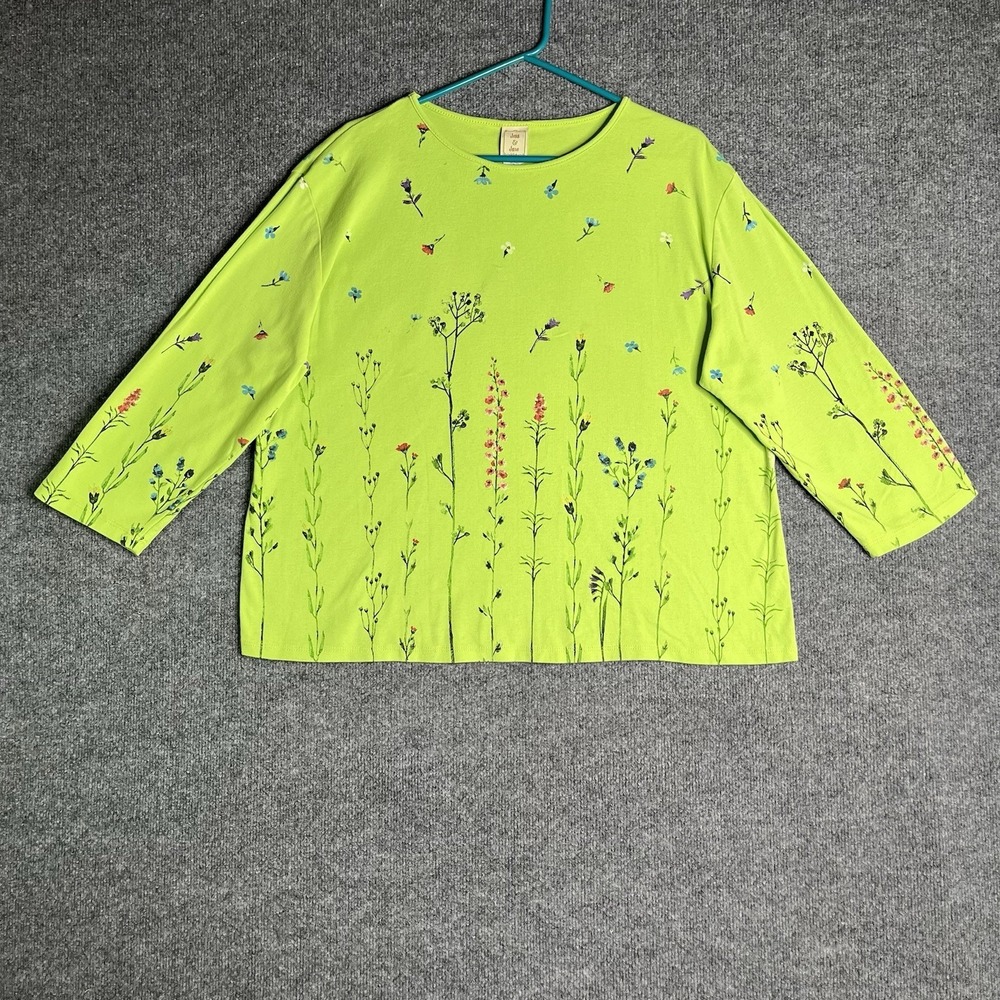 Jess And Jane Floral Top Women Size 2X Lime Green Calypso Cotton 3/4 Sleeve Art